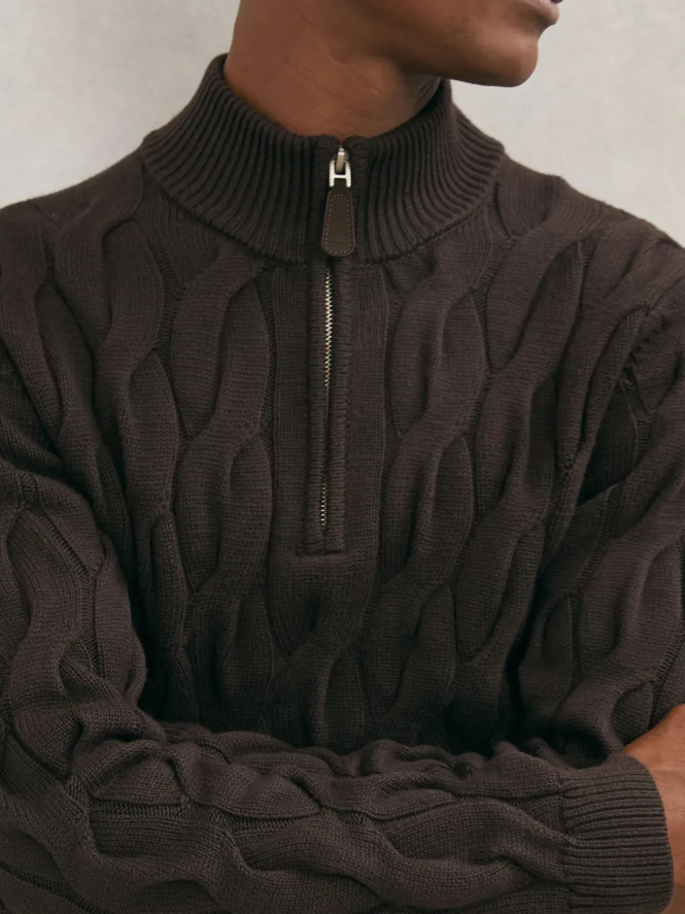 Reiss Chocolate Brown Greenford Half-Zip Cable-Knit Jumper with Wool