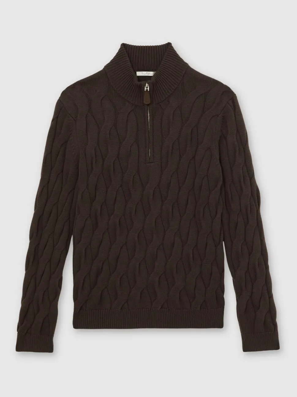 Reiss Chocolate Brown Greenford Half-Zip Cable-Knit Jumper with Wool