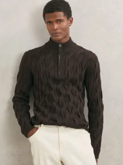 Reiss Chocolate Brown Greenford Half-Zip Cable-Knit Jumper with Wool