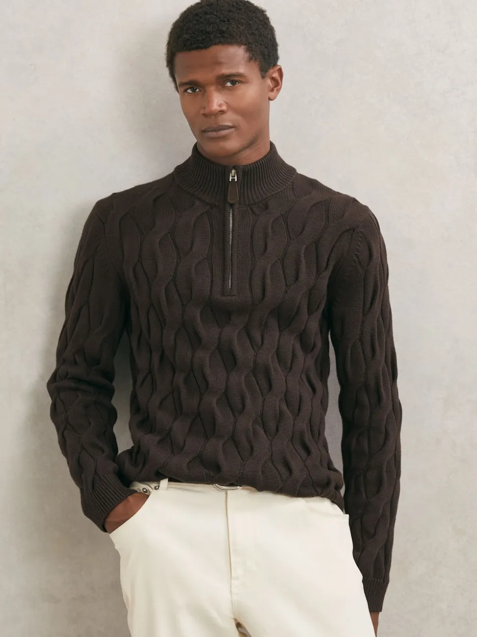 Reiss Chocolate Brown Greenford Half-Zip Cable-Knit Jumper with Wool
