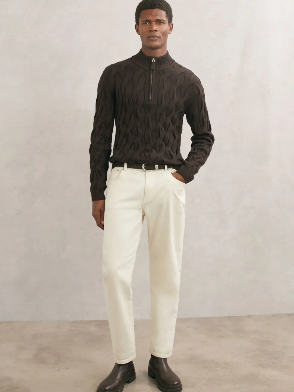 Reiss Chocolate Brown Greenford Half-Zip Cable-Knit Jumper with Wool