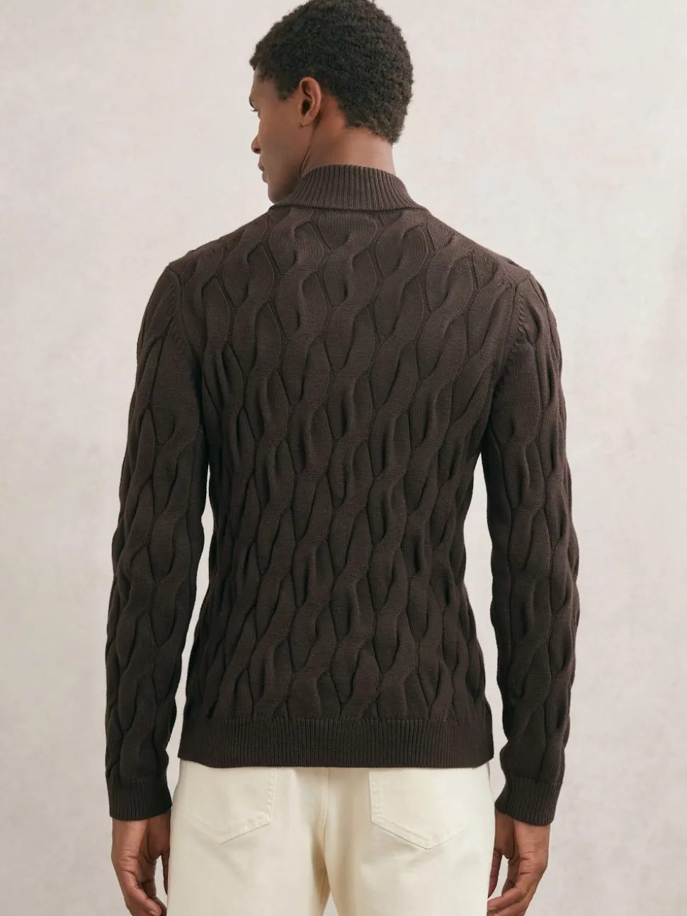 Reiss Chocolate Brown Greenford Half-Zip Cable-Knit Jumper with Wool