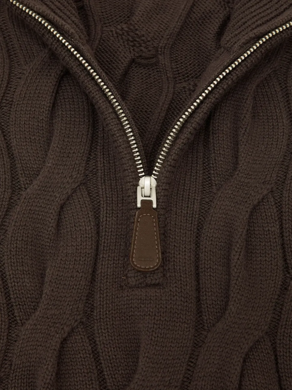 Reiss Chocolate Brown Greenford Half-Zip Cable-Knit Jumper with Wool