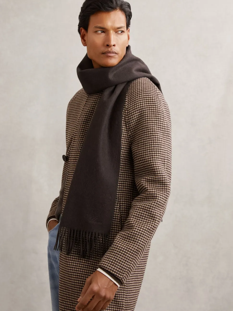Reiss Chocolate Brown Picton Wool-Cashmere Script-Logo Scarf
