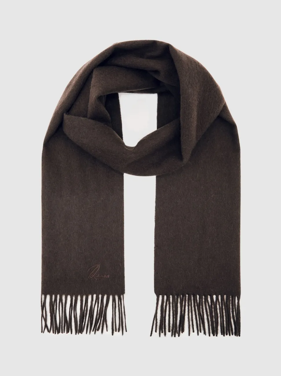 Reiss Chocolate Brown Picton Wool-Cashmere Script-Logo Scarf