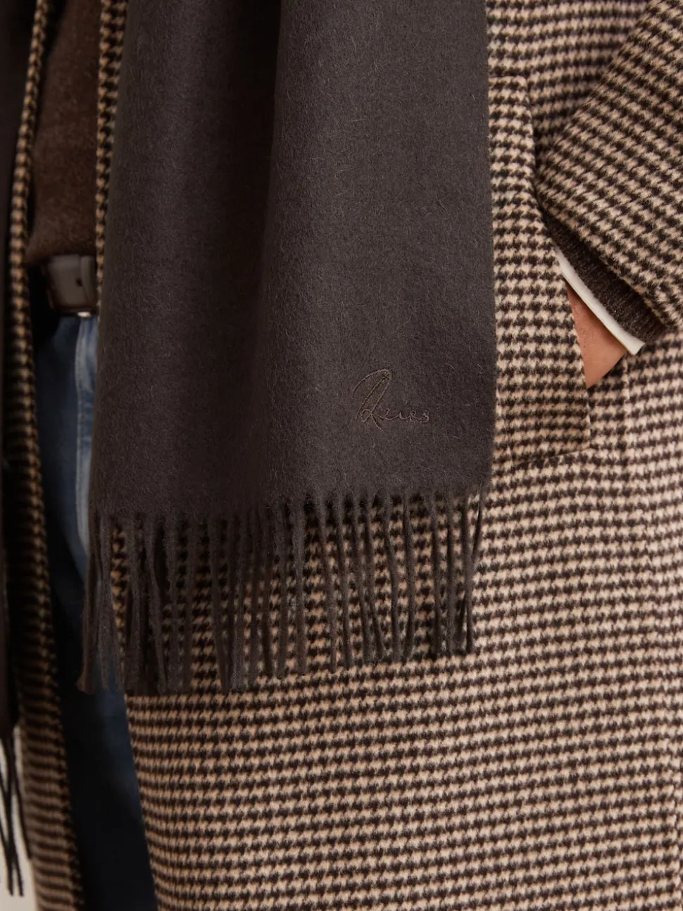 Reiss Chocolate Brown Picton Wool-Cashmere Script-Logo Scarf