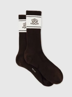 Reiss Chocolate Brown/Ecru/Navy Maurice Monogram Cotton-Blend Rib Sport Socks