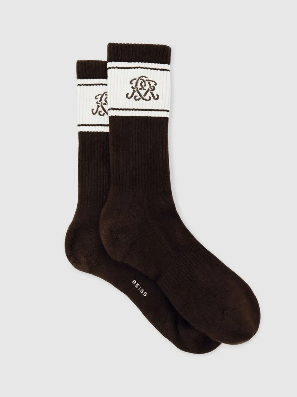 Reiss Chocolate Brown/Ecru/Navy Maurice Monogram Cotton-Blend Rib Sport Socks