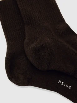 Reiss Chocolate Brown/Ecru/Navy Maurice Monogram Cotton-Blend Rib Sport Socks
