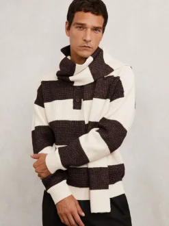 Reiss Chocolate Brown/Off White Wesley Waffle-Knit Block-Stripe Scarf with Wool