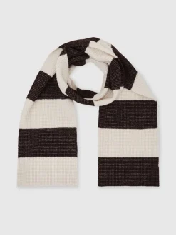 Reiss Chocolate Brown/Off White Wesley Waffle-Knit Block-Stripe Scarf with Wool
