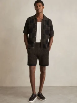 Reiss Chocolate/Navy Butler Cotton-Blend Crochet Shorts