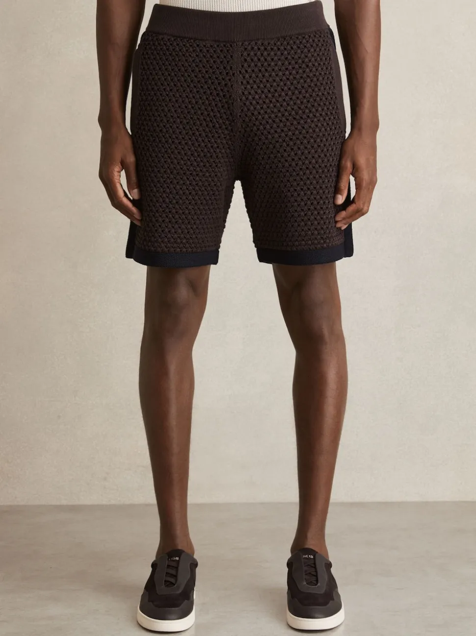 Reiss Chocolate/Navy Butler Cotton-Blend Crochet Shorts