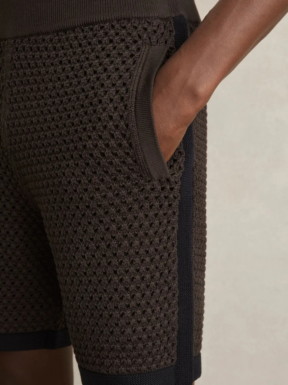 Reiss Chocolate/Navy Butler Cotton-Blend Crochet Shorts