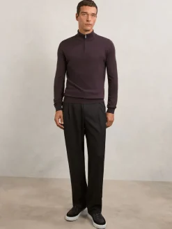 Reiss Dark Bordeaux Blackhall Merino Wool Half-Zip Funnel Neck Jumper