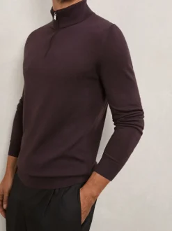 Reiss Dark Bordeaux Blackhall Merino Wool Half-Zip Funnel Neck Jumper