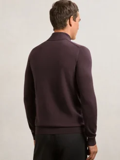 Reiss Dark Bordeaux Blackhall Merino Wool Half-Zip Funnel Neck Jumper