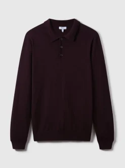 Reiss Dark Bordeaux Trafford Merino Wool Long-Sleeve Polo Shirt