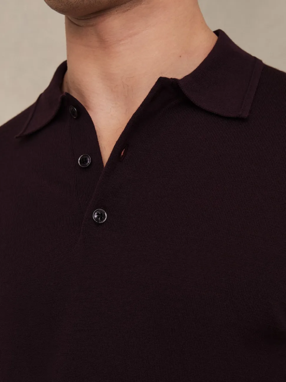 Reiss Dark Bordeaux Trafford Merino Wool Long-Sleeve Polo Shirt