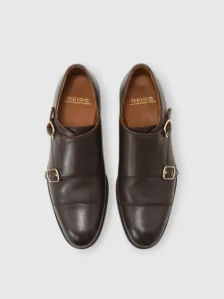 Reiss Dark Brown Amalfi Leather Double Monk Strap Shoes