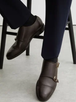Reiss Dark Brown Amalfi Leather Double Monk Strap Shoes