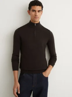 Reiss Dark Brown Blackhall Merino Wool Half-Zip Funnel Neck Jumper