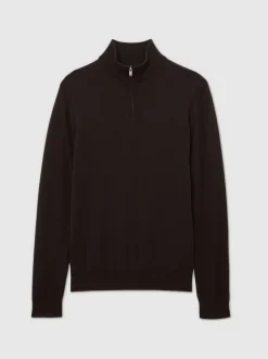 Reiss Dark Brown Blackhall Merino Wool Half-Zip Funnel Neck Jumper