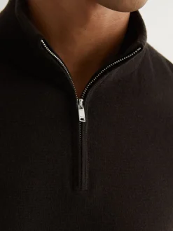 Reiss Dark Brown Blackhall Merino Wool Half-Zip Funnel Neck Jumper