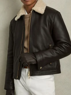 Reiss Dark Brown Iowa Leather Zip-Side Gloves