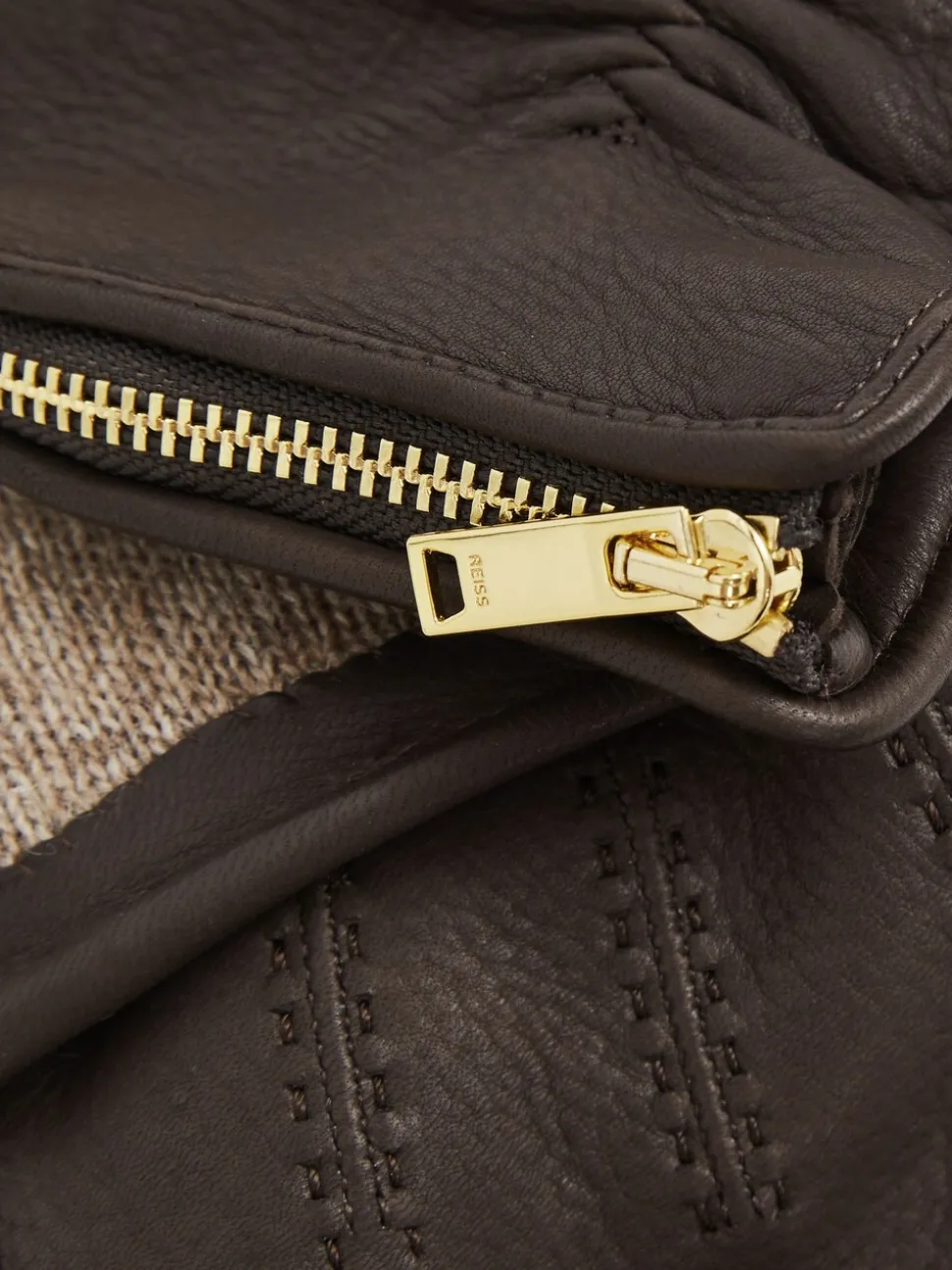 Reiss Dark Brown Iowa Leather Zip-Side Gloves