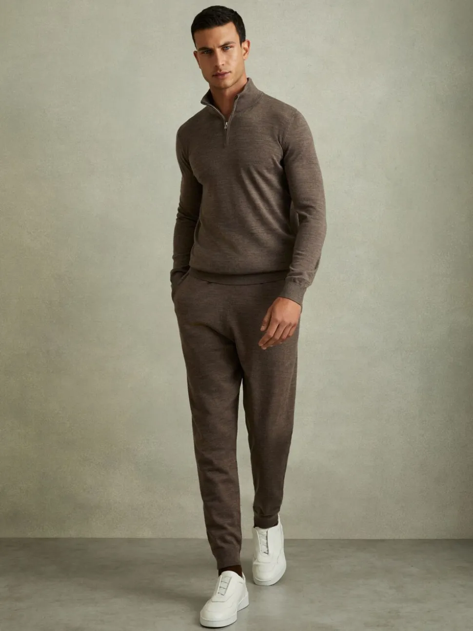 Reiss Dark Brown Melange Billings Merino Wool Blend Drawstring Joggers