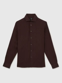 Reiss Dark Brown Ruban Linen Cutaway-Collar Regular-Fit Shirt