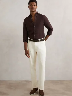 Reiss Dark Brown Ruban Linen Cutaway-Collar Regular-Fit Shirt