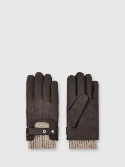 Reiss Dark Brown Sanford Leather Ribbed-Cuff Gloves
