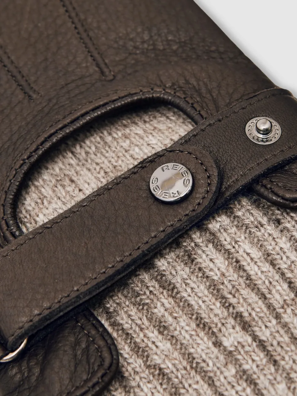 Reiss Dark Brown Sanford Leather Ribbed-Cuff Gloves