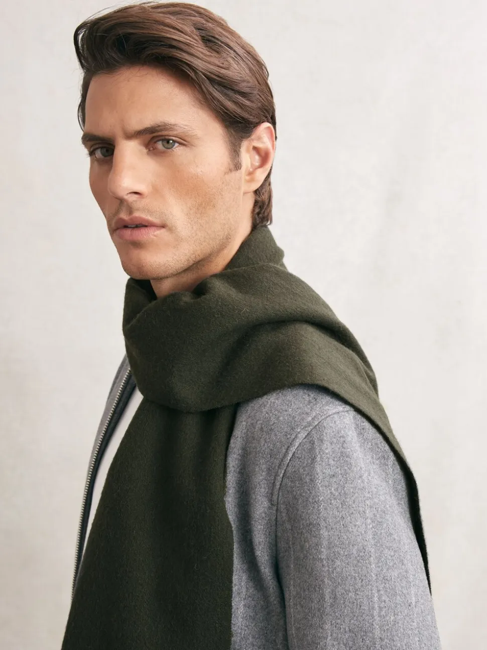 Reiss Dark Military Green Picton Wool-Cashmere Script-Logo Scarf