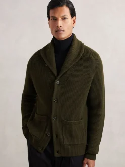 Reiss Dark Olive Green Cannon Shawl-Collar Cardigan With Wool