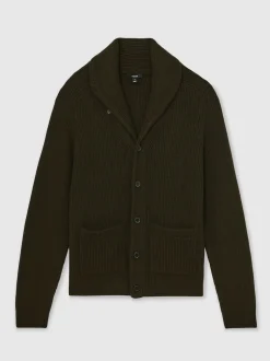 Reiss Dark Olive Green Cannon Shawl-Collar Cardigan With Wool