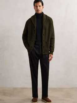 Reiss Dark Olive Green Cannon Shawl-Collar Cardigan With Wool