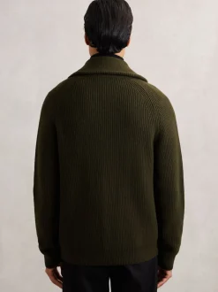 Reiss Dark Olive Green Cannon Shawl-Collar Cardigan With Wool