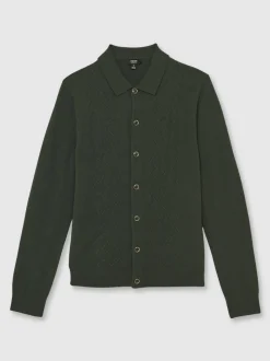 Reiss Forest Green Gideon Wool V-Stitch Button-Through Cardigan