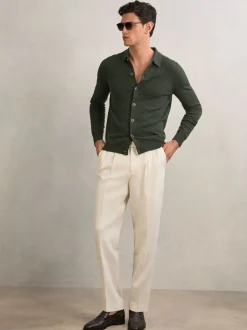 Reiss Forest Green Gideon Wool V-Stitch Button-Through Cardigan