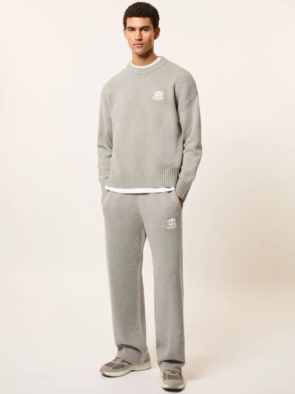 Reiss Grey Melange Blake Monogram Wool Wide-Leg Knitted Joggers