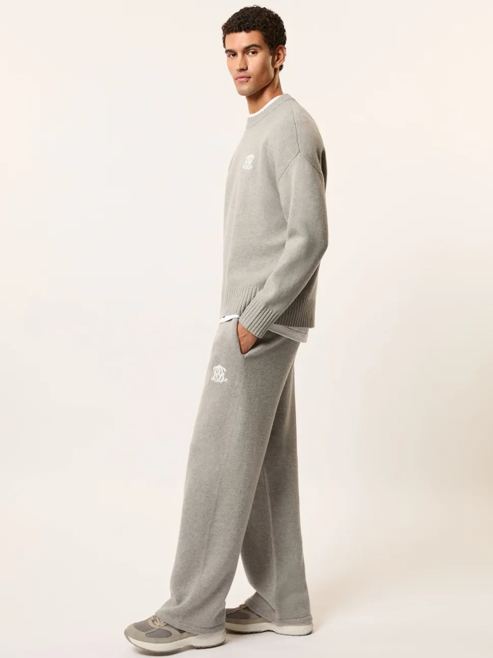 Reiss Grey Melange Blake Monogram Wool Wide-Leg Knitted Joggers