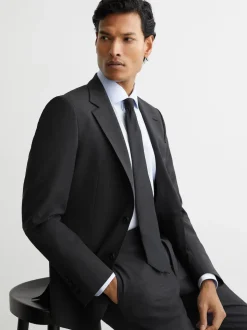 Reiss Grey Promise Wool-Blend Single-Breasted Suit Blazer Tailored-Fit