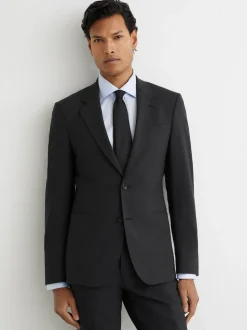 Reiss Grey Promise Wool-Blend Single-Breasted Suit Blazer Tailored-Fit