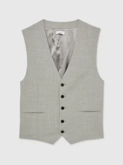 Reiss Grey Slice Puppytooth-Check Suit Waistcoat Wool-Blend