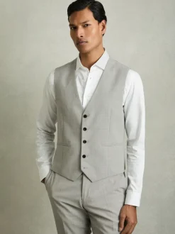 Reiss Grey Slice Puppytooth-Check Suit Waistcoat Wool-Blend