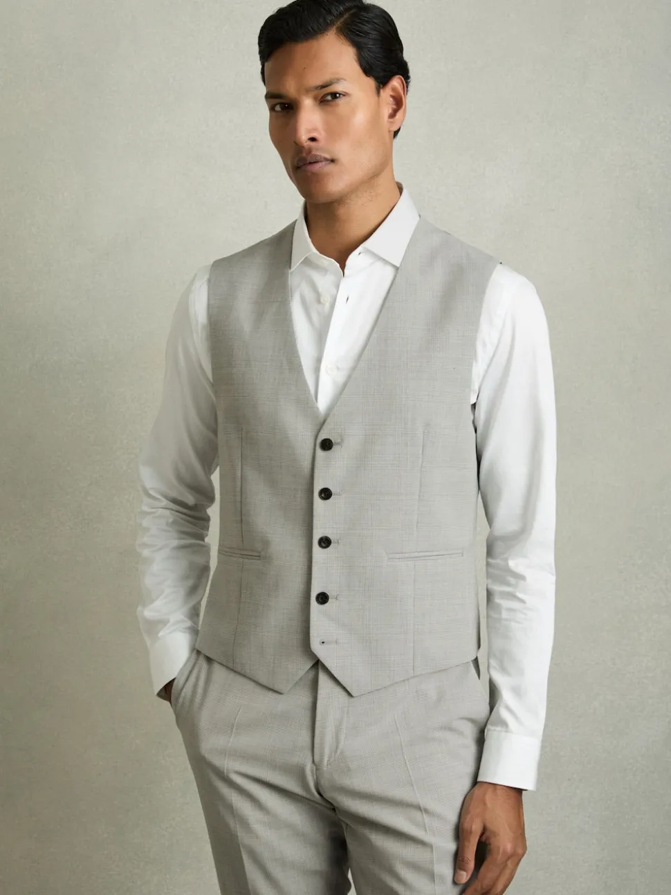 Reiss Grey Slice Puppytooth-Check Suit Waistcoat Wool-Blend