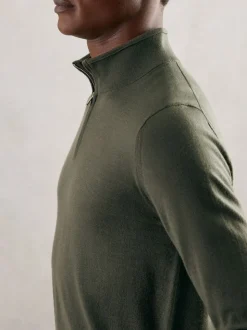 Reiss Kale Green Blackhall Merino Wool Half-Zip Funnel Neck Jumper